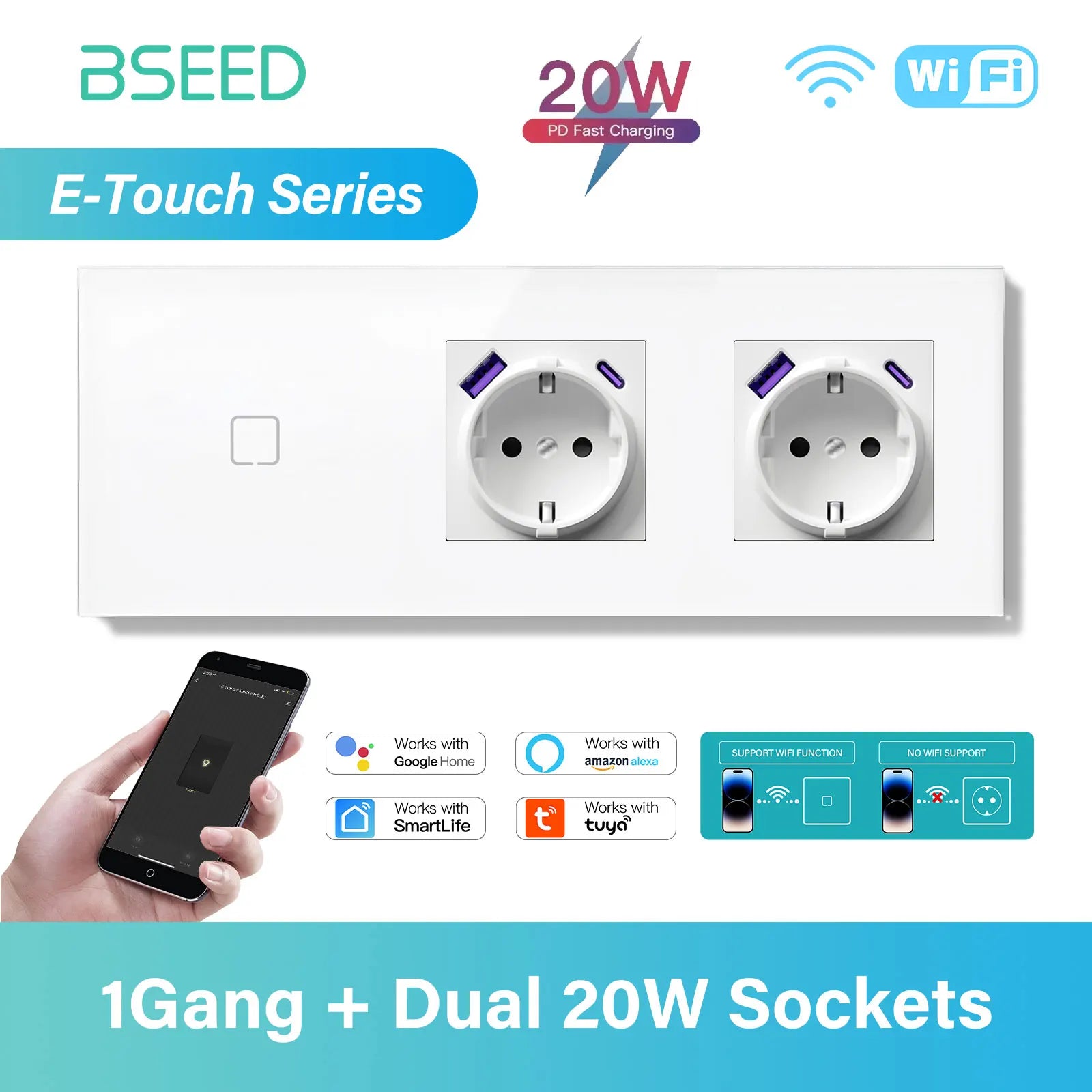 BSEED 1/2/3/4Gang WIFI Touch Switch Glass Panel Smart Wall Light Switch Touch Screen Phone Fast Charge USB C Socket E Series