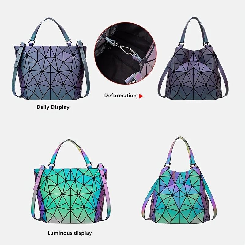 Large Capacity Tote Bag Diamond Luminous Shoulder Bag Fashion Dazzling Bucket Bag Women's Fold Deformation Office Briefcase
