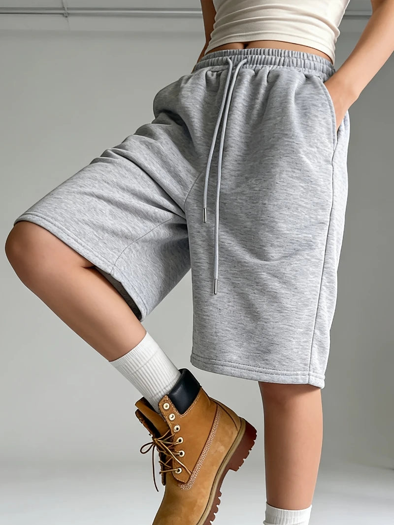 Women's Casual Sports Shorts, Elastic Waist, Wide Leg, Straight Leg, Five-Point Shorts, Loose Fit, Drawstring  short pants women