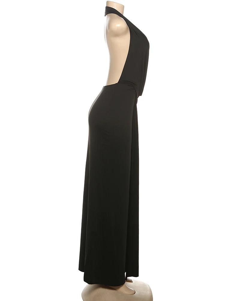 Cutenew Party Simple Women Maxi Dresses Solid Trend Halter Cross Swinging Neck Backless V-neck High Split Bodycon Mujer Vestidos