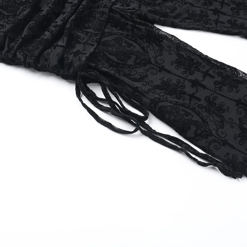 AltGoth Gothic Dark Flocking Pants Women Streetwear Aesthetic Emo Alt Grunge See Through Lace-up High Waist Flare Pants Female