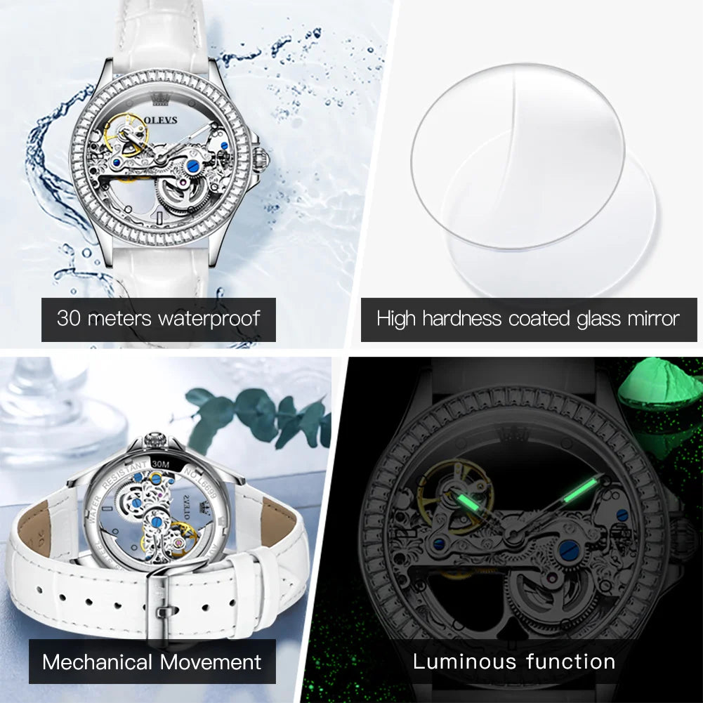 OLEVS Couple Watches Original Fully Transparent Skeleton Automatic Mechanical Watches For Men Women Lover's Gift Luxury Watches