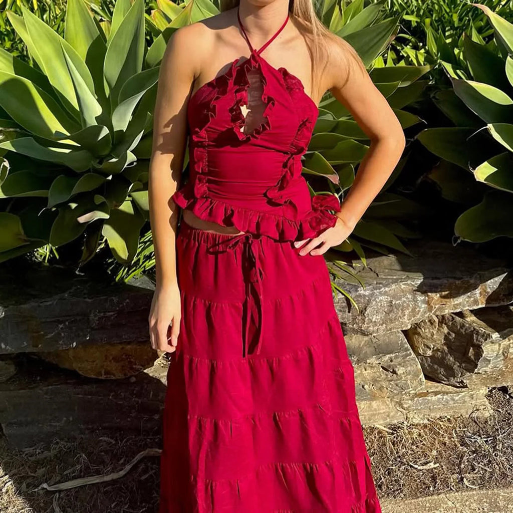 Women Summer Boho 2 Piece Maxi Skirt Sets Y2k Sexy Halter Ruched Cami Tops Tiered Flowy Ruffle Skirts Holiday Beach Outfits