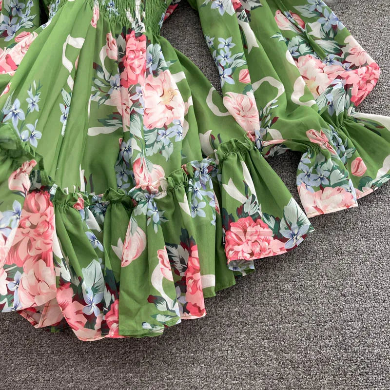 2025 New Retro Summer Beach Vacation Dress Women Sexy Strapless Lantern Sleeve Sweet Floral Jumpsuit Short Chiffon Print Dresses