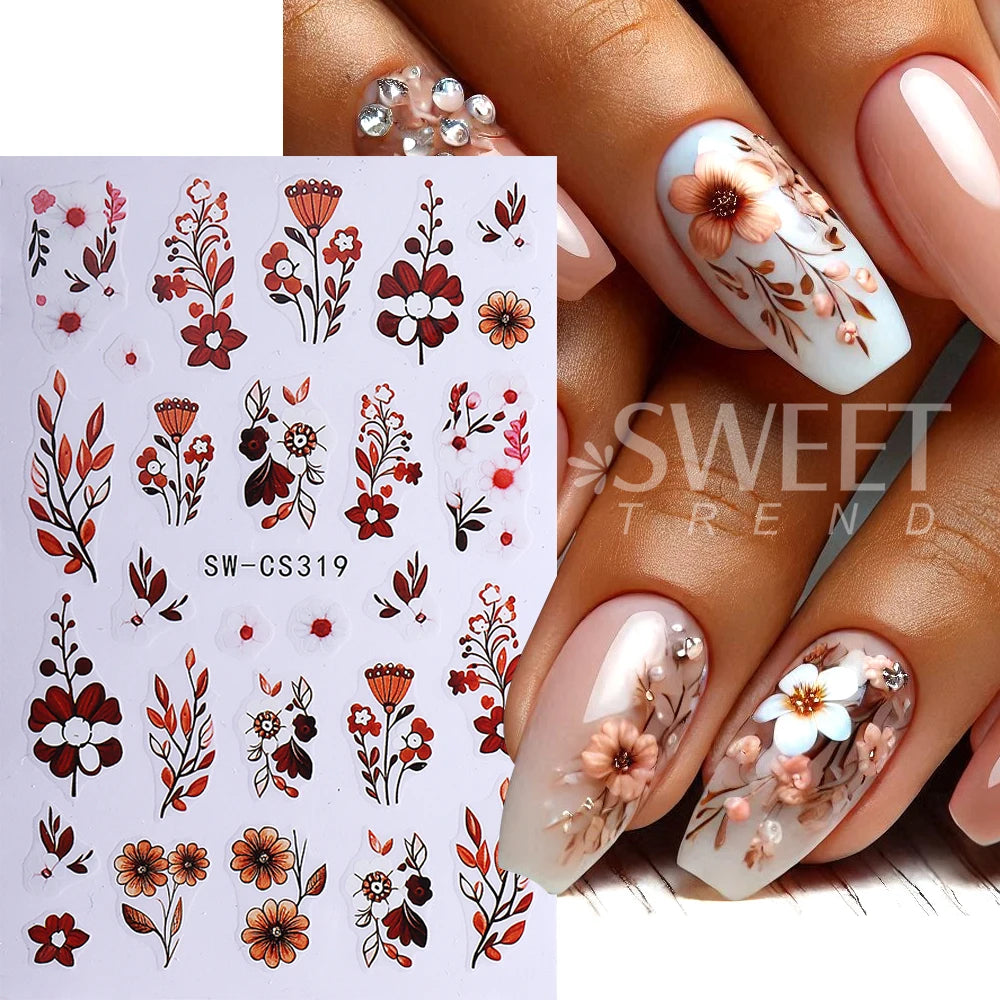 4pcs Autumn Winter Nail Art Stickers 3D Brown Maple Leaf Coffee Pattern Nail Decal Adhesive Slider Manicure Decorations Supplies
