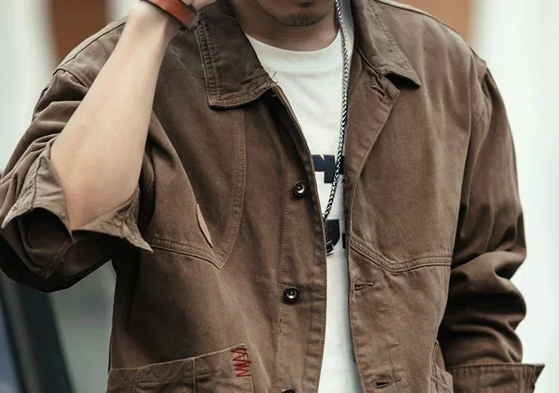 Men's Denim Jacket Vintage Brown Male Jean Coats Cargo Designer Washed Clothing Winter 2025 Korean Style Elatic Original Cowboy