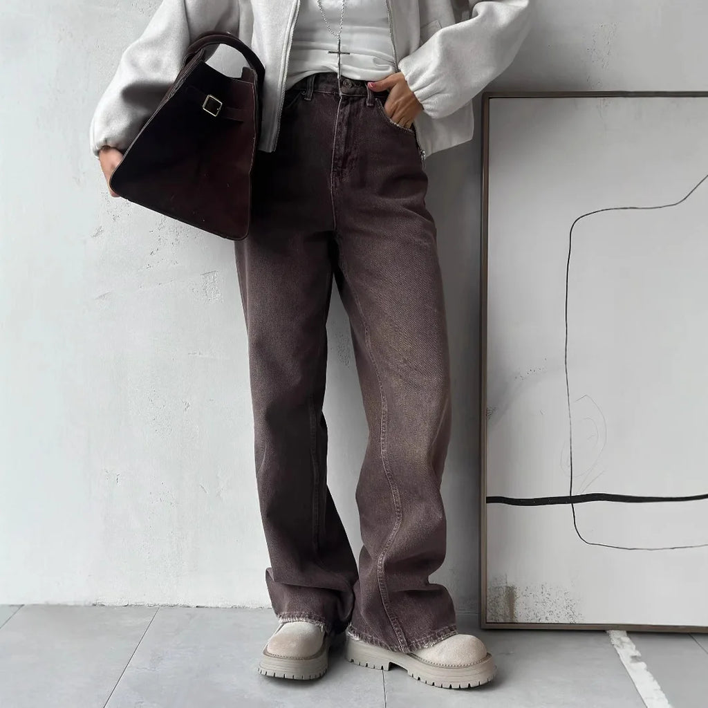 2025 New Retro Loose Casual Pants Women's Four Seasons Versatile High Waist Brown Straight Leg Jeans