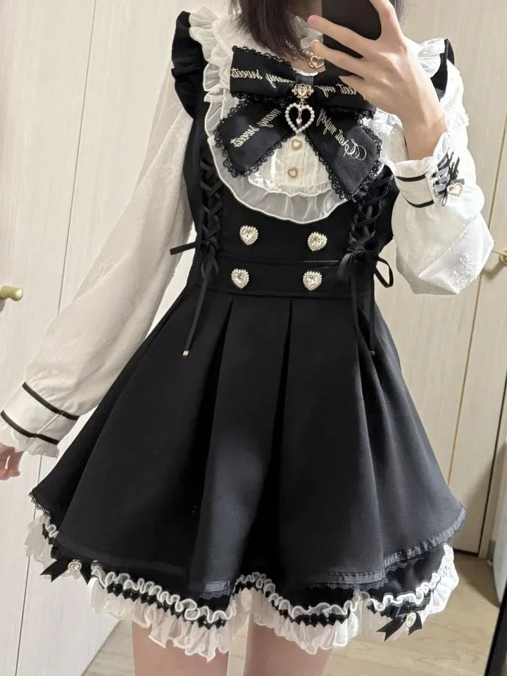 Gothic Lolita Two Piece Set with Bow, Y2K Aesthetic Flare Sleeve Mini Dress, Japanese Punk Style Party Co-ord Outfit