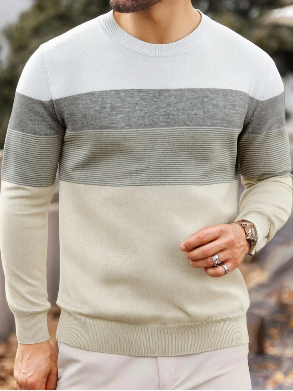 Men Spring Autumn Crew Neck Color Block Horizontal Striped Knit Sweater Long Sleeve Slim Casual Pullover Tops