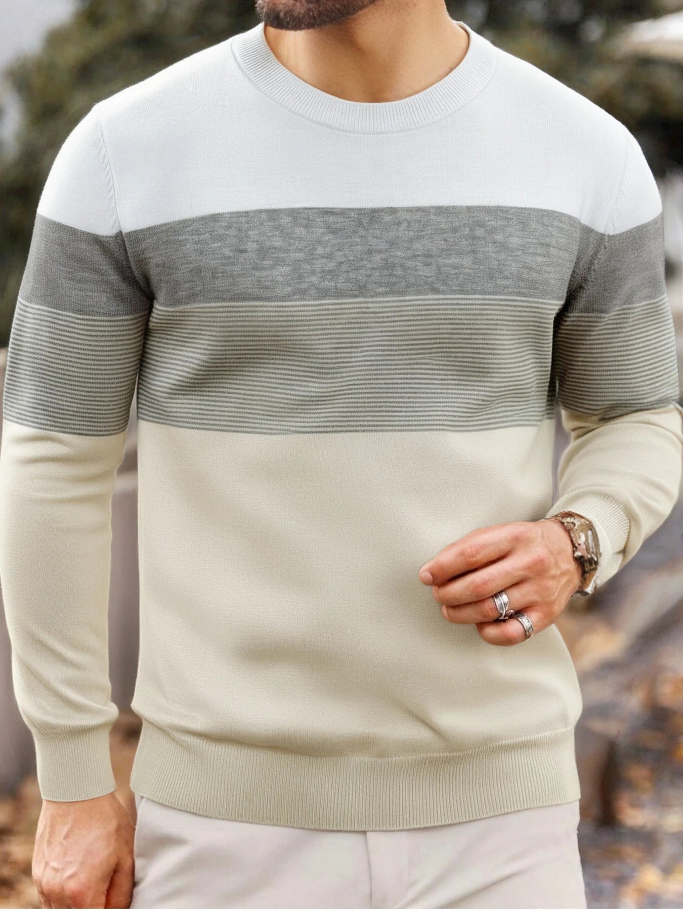 Men Spring Autumn Crew Neck Color Block Horizontal Striped Knit Sweater Long Sleeve Slim Casual Pullover Tops