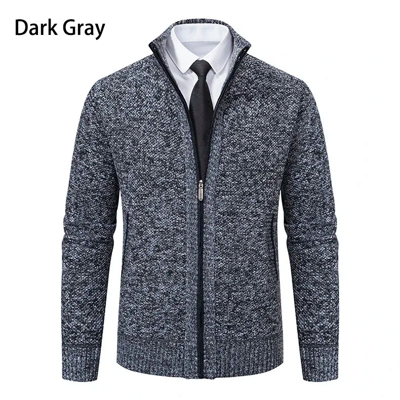 2025 Autumn and Winter New Jersey Men's Casual Sports Coat Solid Color Stand Collar Sweater Grab Fleece Warm Zipper Cardigan
