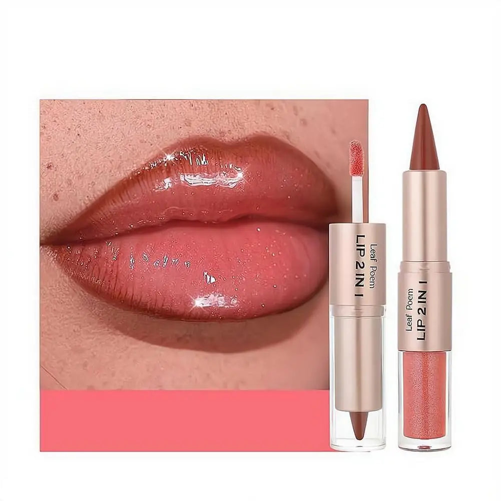 Waterproof Contour Non Stick Makeup Double-headed Matte Mirror Design Lip Glaze Nude Brown 2-in-1 Tapered Gradient Lip Liner Pen