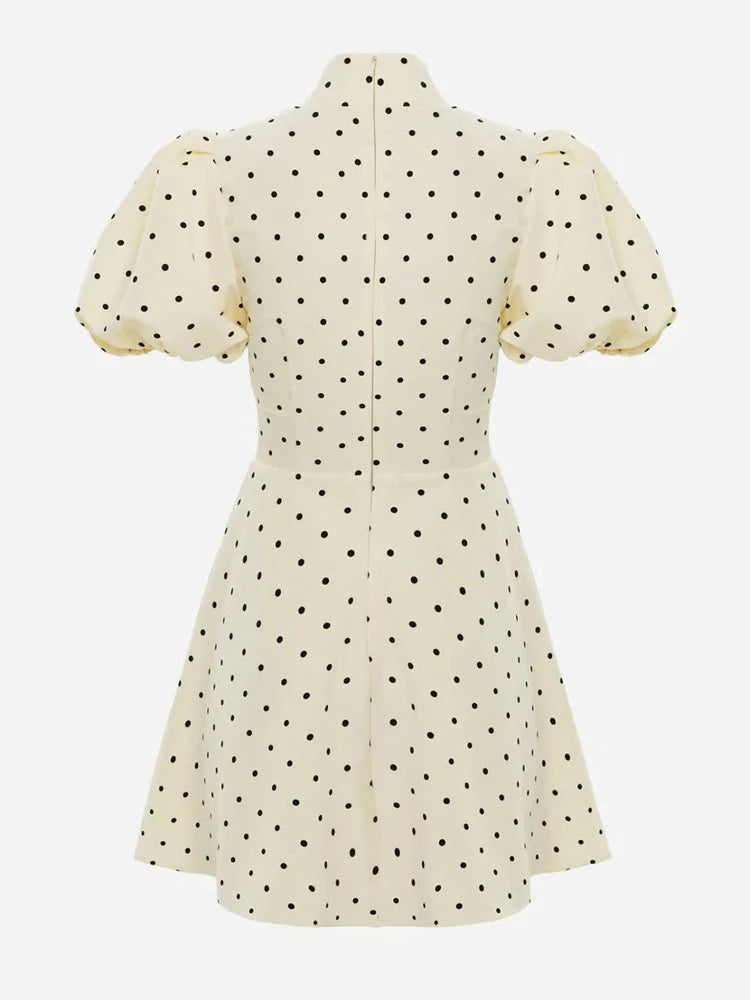 Retro Polka Dot Mini A-line Dress Elegant Stand Collar Puff Short Sleeve Waist-cinching Dresses 2026 New Lady Party Gowns