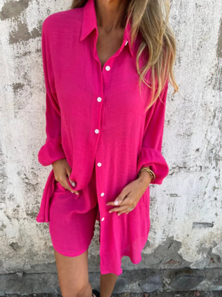 2026 Women's Casual Solid Color Cotton and Linen Shorts Long Sleeve Wrinkle Shirt Two-piece Set