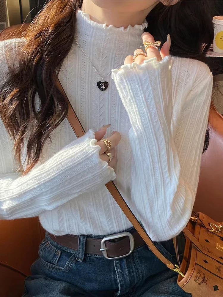 New Women's Autumn and Winter Solid Color Ruffled Semi-turtleneck Long-sleeved Knitted Sweater Casual Women's Knitted Pullovers