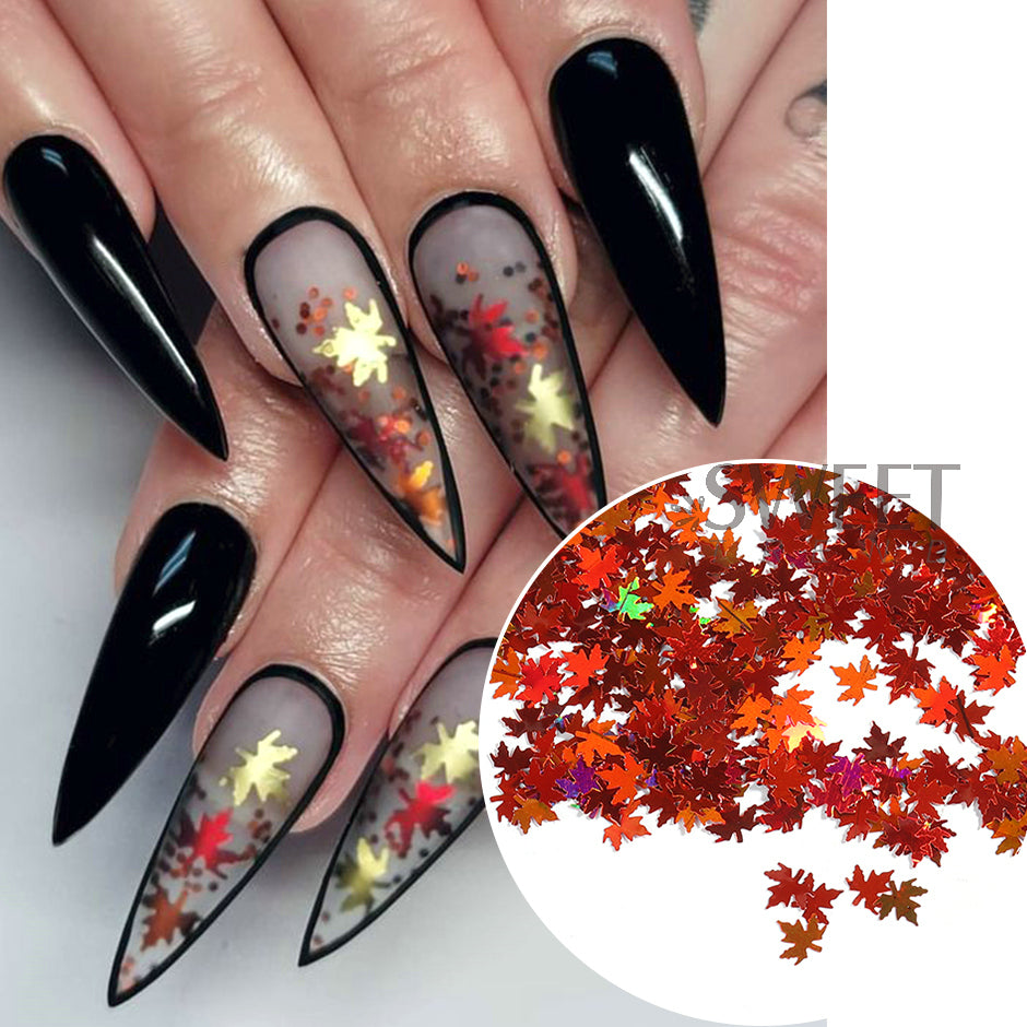 12 Grids Mirror Gold Maple Leaves Nail Art Sequins Autumn Leaf Design DIY Charm Jewelry Fall Theme Glitter Flakes Manicure Decor