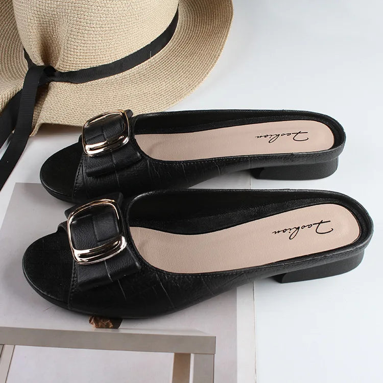 Summer Women Square Buckle Open-Toe Slippers Single Strap Flat Sandals Lady Solid Color Outdoor Beach Shoes Adult Casual Sandals