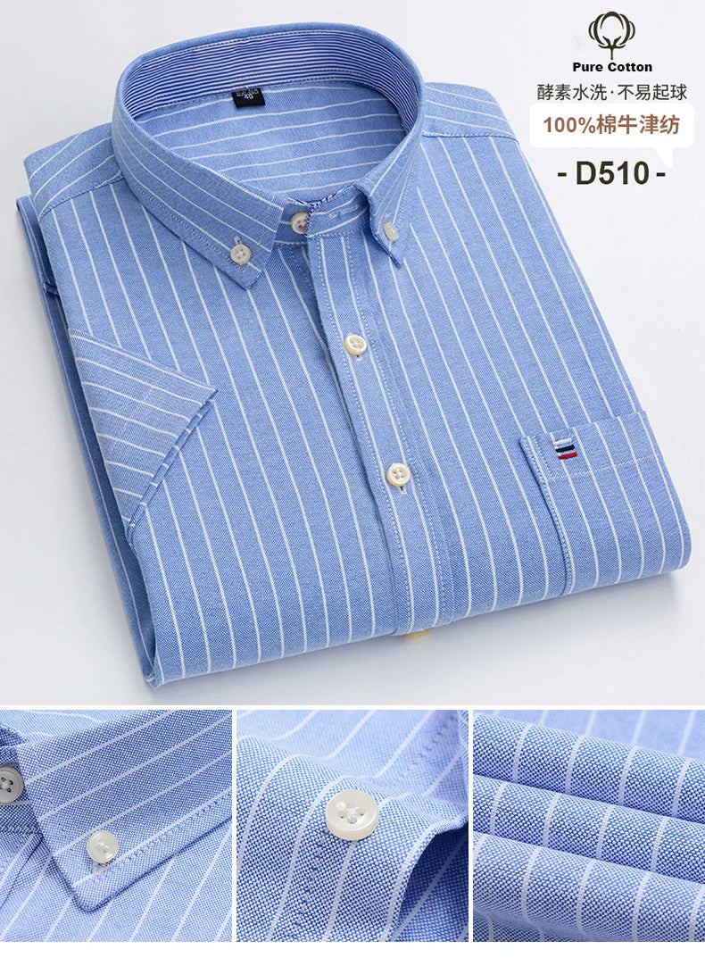 100%Pure Cotton Oxford Men's Shirts Short Sleeve Plaid Soft Regular Fit Formal Dress Shirt Social Blouse Male Clothes 6XL 7XL