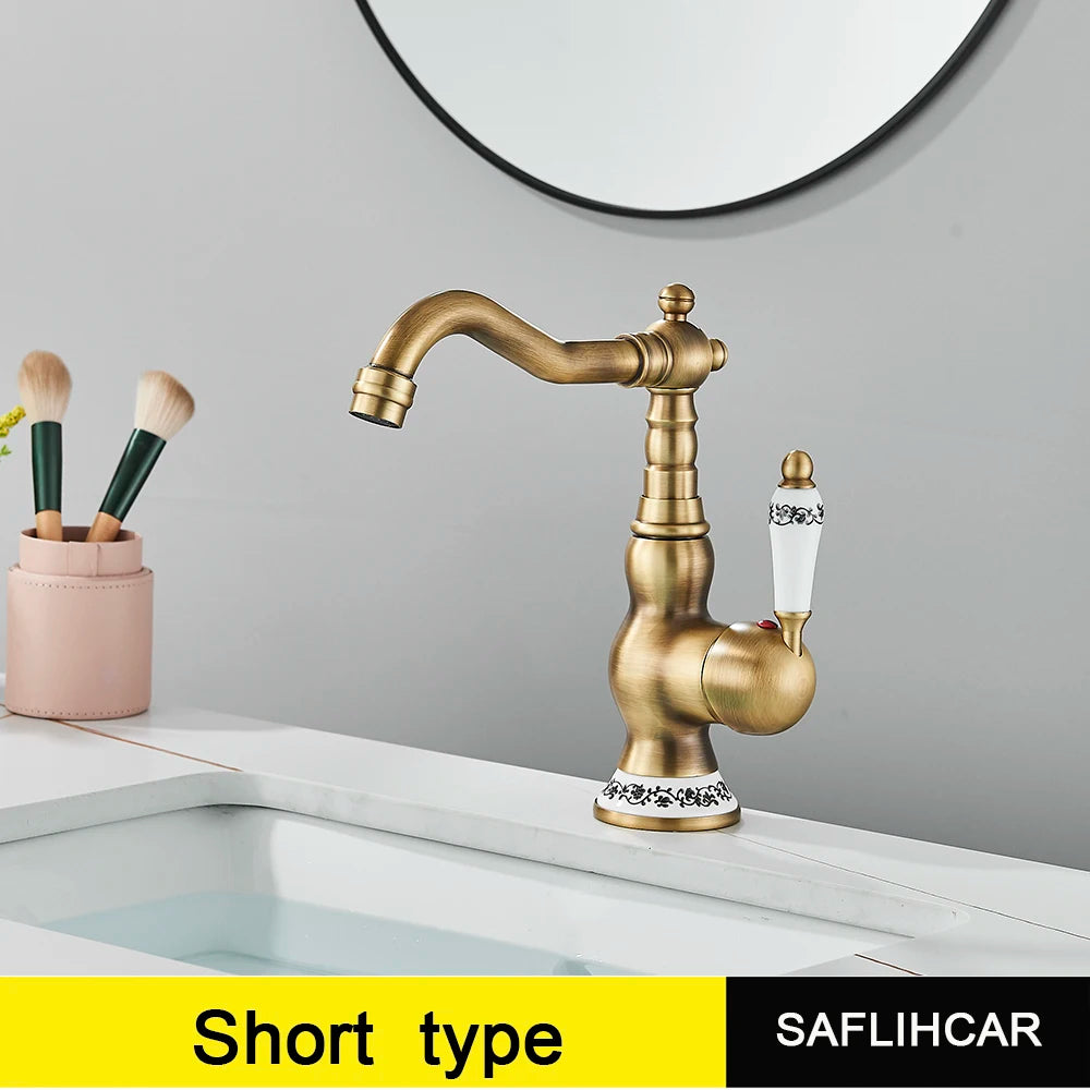 Antique Brass Bathroom Faucet Hot & Cold Mixer Tap Single Hole Single Lever Rotatable Ceramic Handle for Kitchen