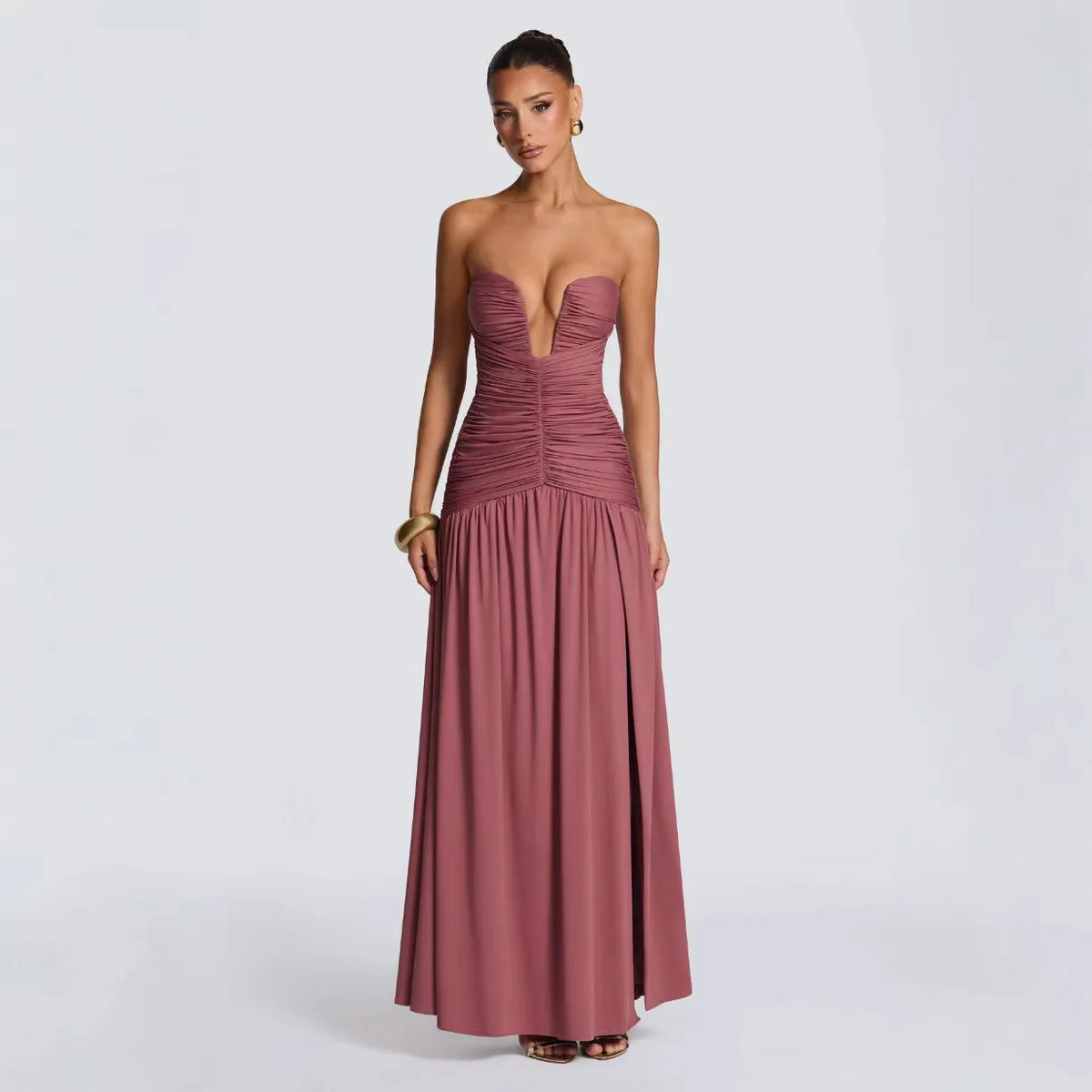 Solid Strapless Ruched High Slit Maxi Dress Draped Flowy Long Evening Gown Sleeveless Formal Women Elegant Party Dress 260702