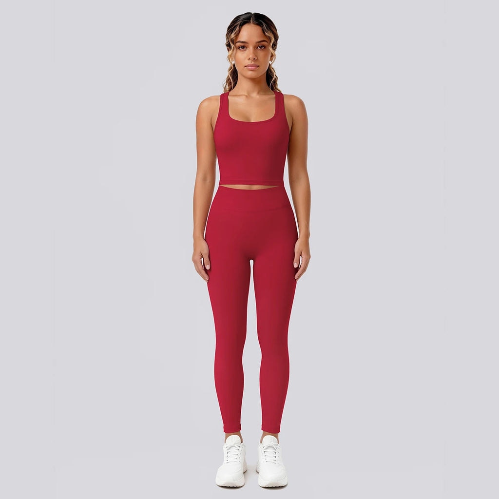 2PCS Solid Color Yoga Set for Woman's Gather Beautiful Back I-shaped Vest Shock-absorbing Running Yoga Tank Top Push Up Pants