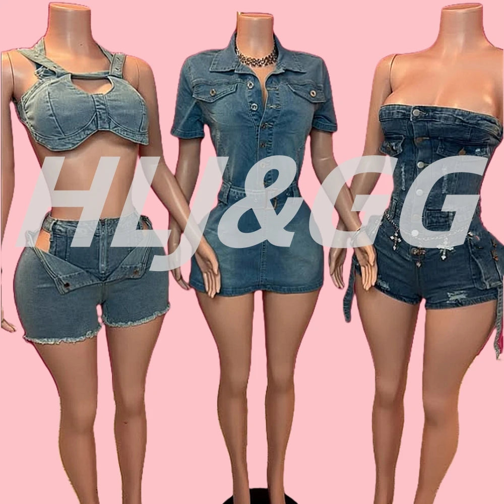 HLJ&GG Blue Denim Fashion Hollow Out Shorts Two Piece Sets Women Sleeveless Backless Bandage  Crop Top And Shorts Cowboy Outfits