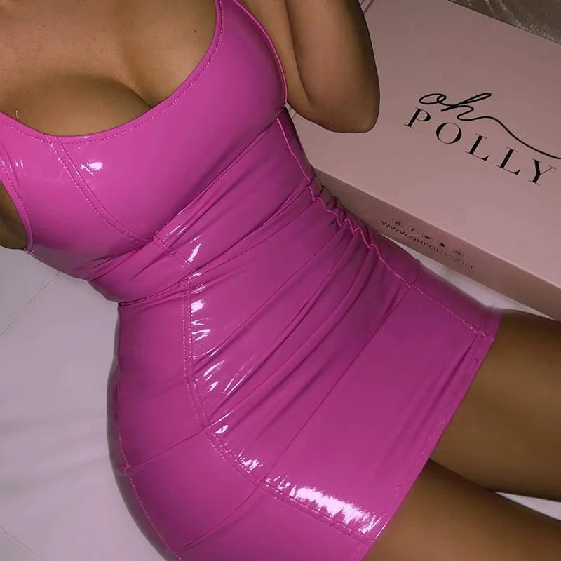 Women Sexy PU Leather Party Night Club Elegant Slip Bodycon Sleeveless Bodycon Mini Dress Ladies Summer Short Dresses