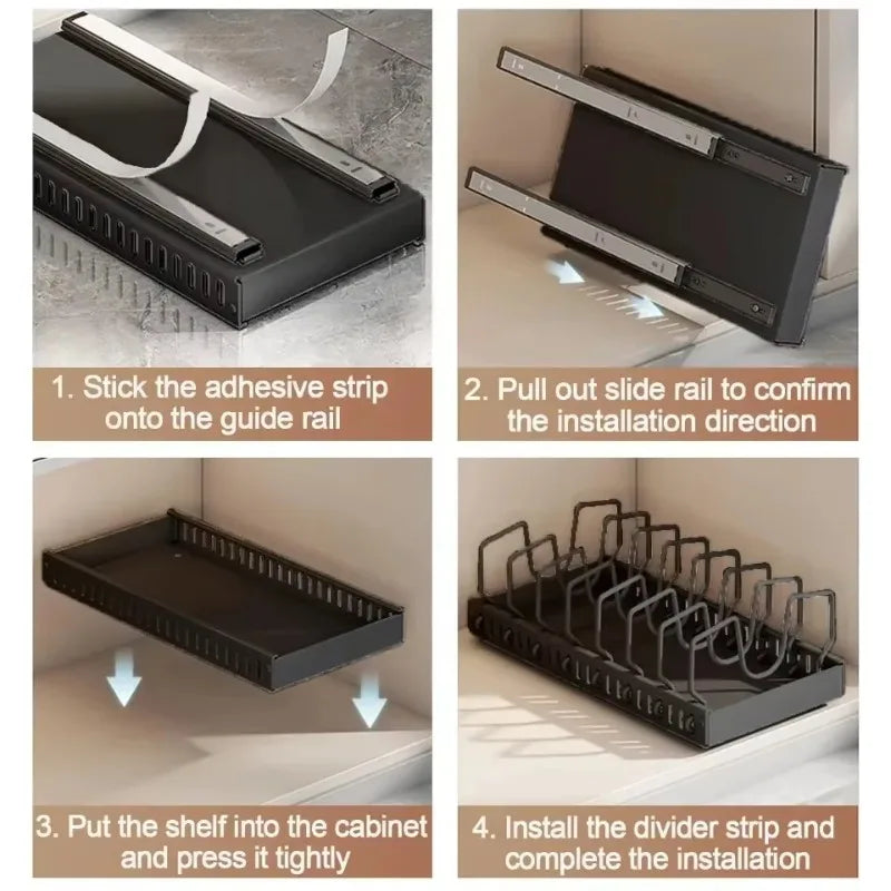 Kitchen Cabinet Pull Out Tray Organizer with Slide Rails Adjustable Storage Rack for Pots Pans and Dishes
