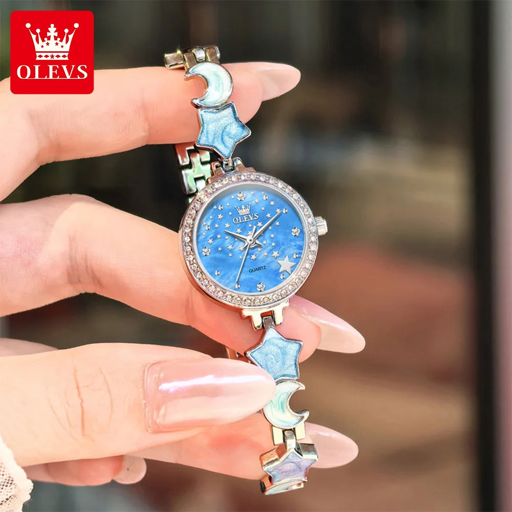OLEVS Original Quartz Women's Watches Trendy Star Moon Diamond Dial Elegant Ladies Bracelet Wristwatches Luxury Woman Watch 5665