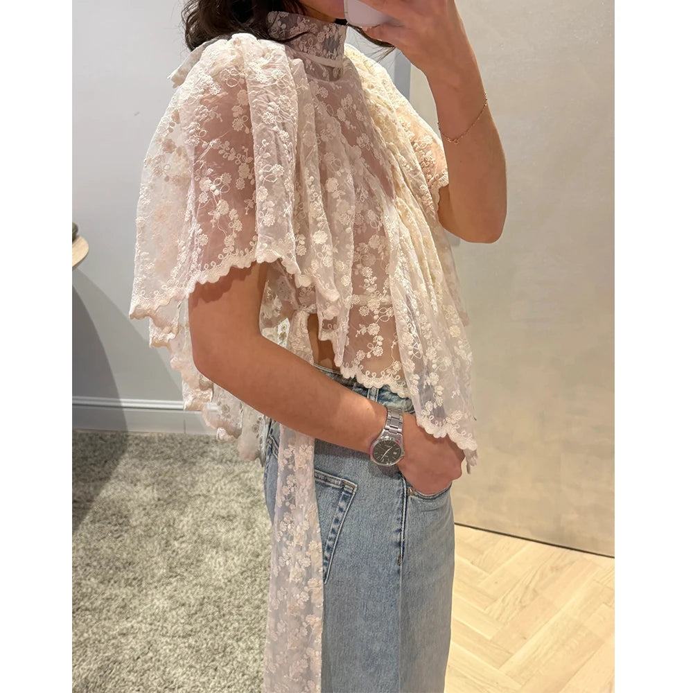 Women Summer Kawaii Grunge Lace Floral Embroidery T-Shirts Coquette Sexy Sheer Irregular Ruffles Flutter Sleeve Loose Shirts Top