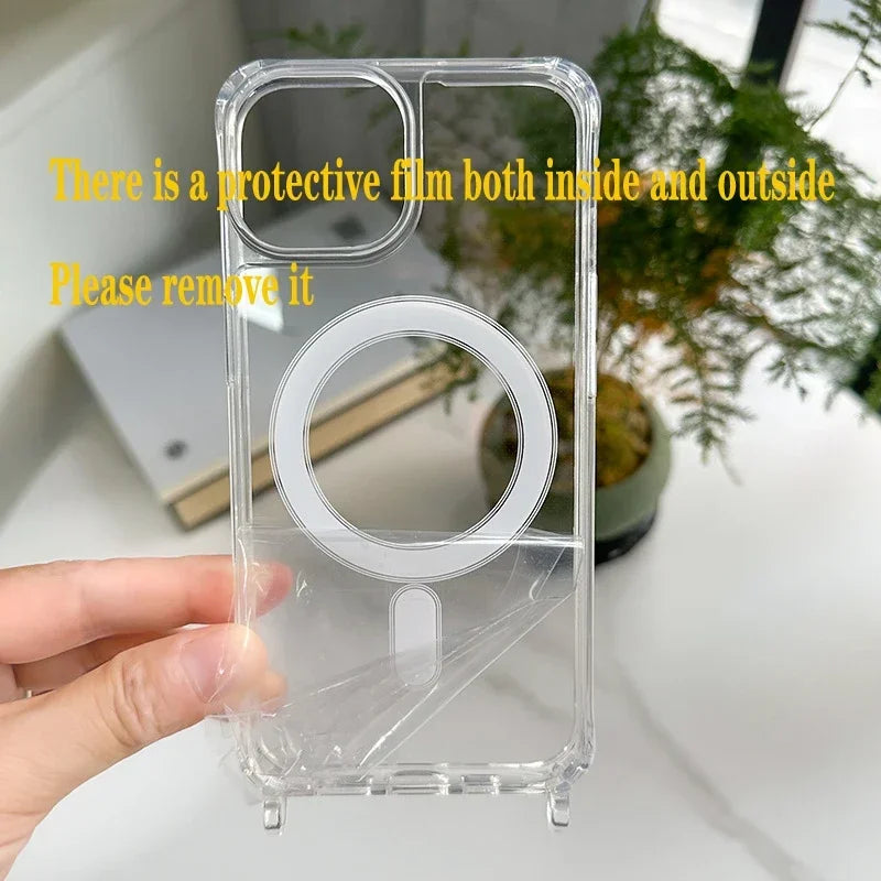 Crossbody Lanyard Clear Magnetic Case For iPhone 18 17 Air 16 15 Plus 14 13 12 Pro Max For Magsafe Acrylic Hard PC Back Cover