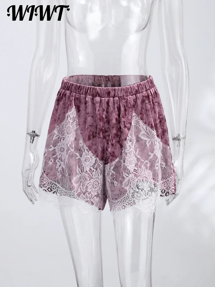 Lace Splicing Velvet Women's Short Pants 2026 Summer New Loose Elastic Waist High-waisted Mini Shorts Female Fashion Streetwear