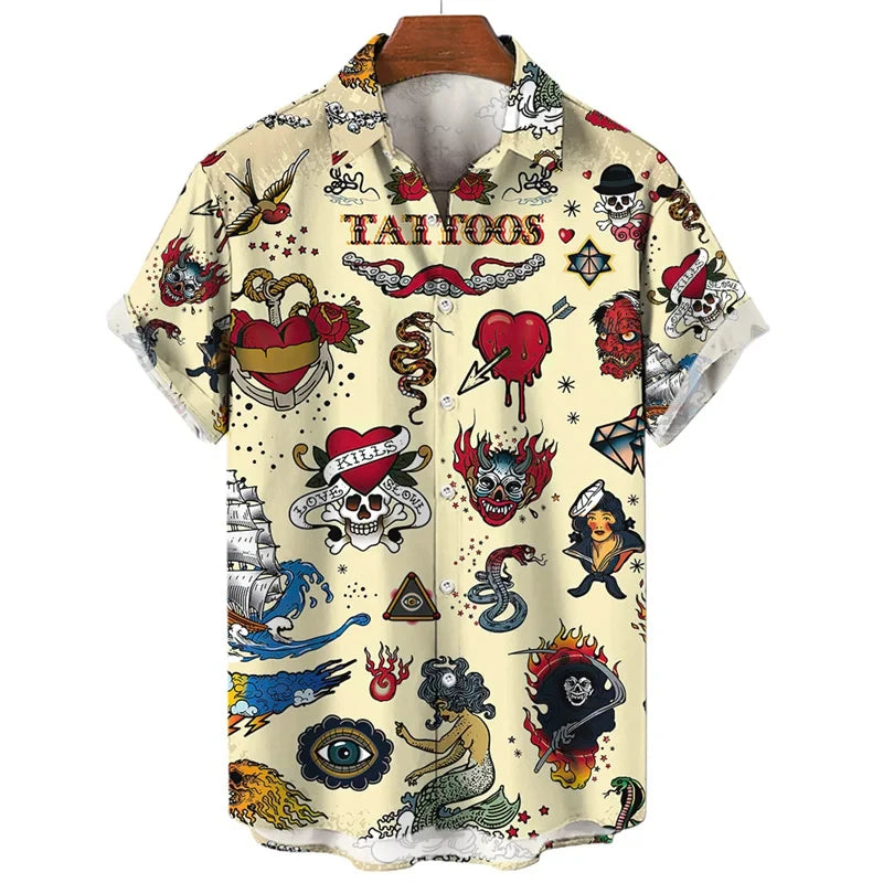 3D retro digital printed men's lapel short sleeved shirt