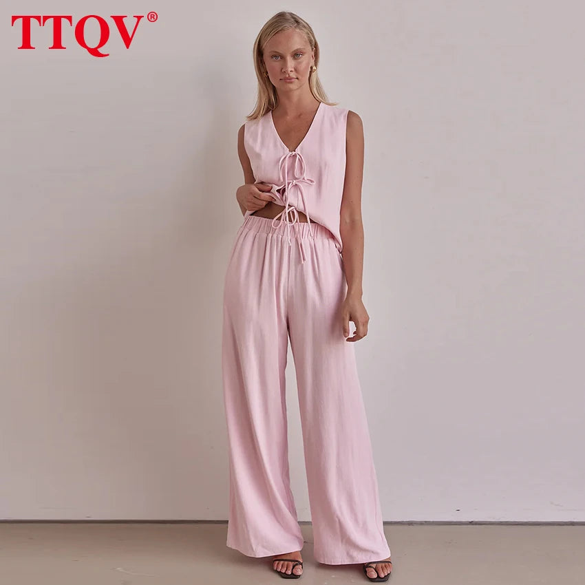 TTQV Summer Loose Pink 2 Piece Sets Woman Outfit Fashion Sleeveless Tank Top With High Waist Wide Pants Set Female Streetwear