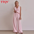 TTQV Summer Loose Pink 2 Piece Sets Woman Outfit Fashion Sleeveless Tank Top With High Waist Wide Pants Set Female Streetwear