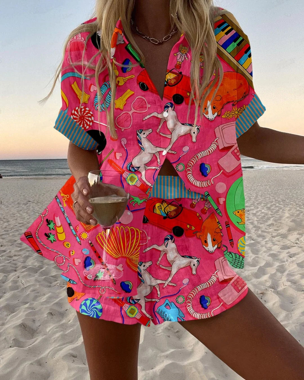 Summer Women's Print Beach Holiday Two-Piece Set Fashion Short Sleeve Buttoned Shirt with Wide Leg Shorts Casual Outfit