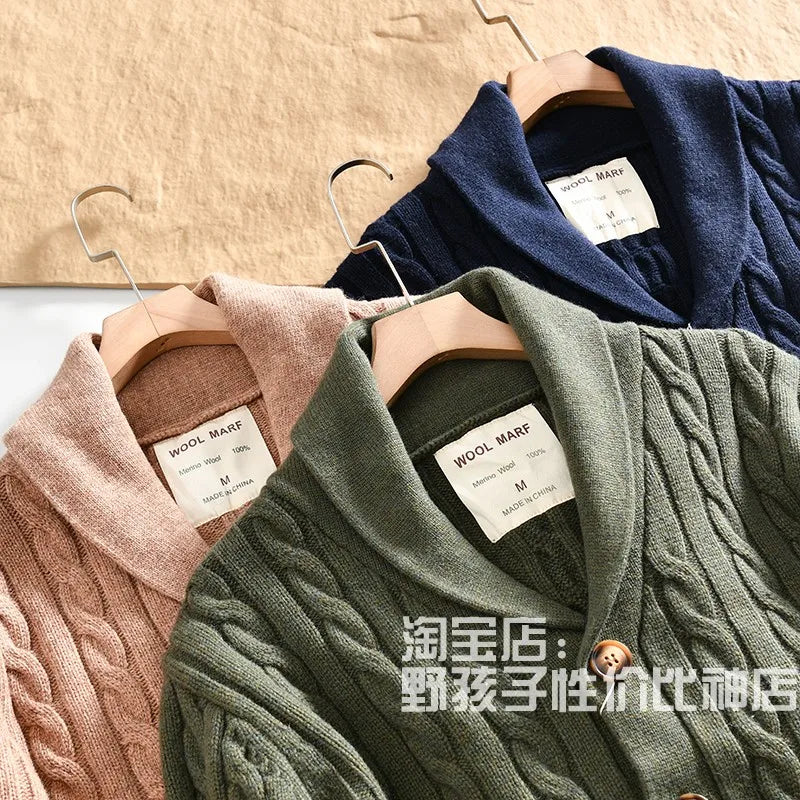 100% Wool Men's Scandinavian Style Shawl Collar Cardigan Nordic Knit Sweater Jacket for Autumn/Winter