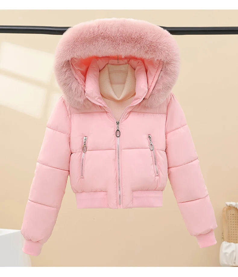 2025 Winter New Short Cotton Jackets Long Sleeve Loose Short Women's Parka Coats Hooded Big Fur Collar Down Cotton Padded Coats