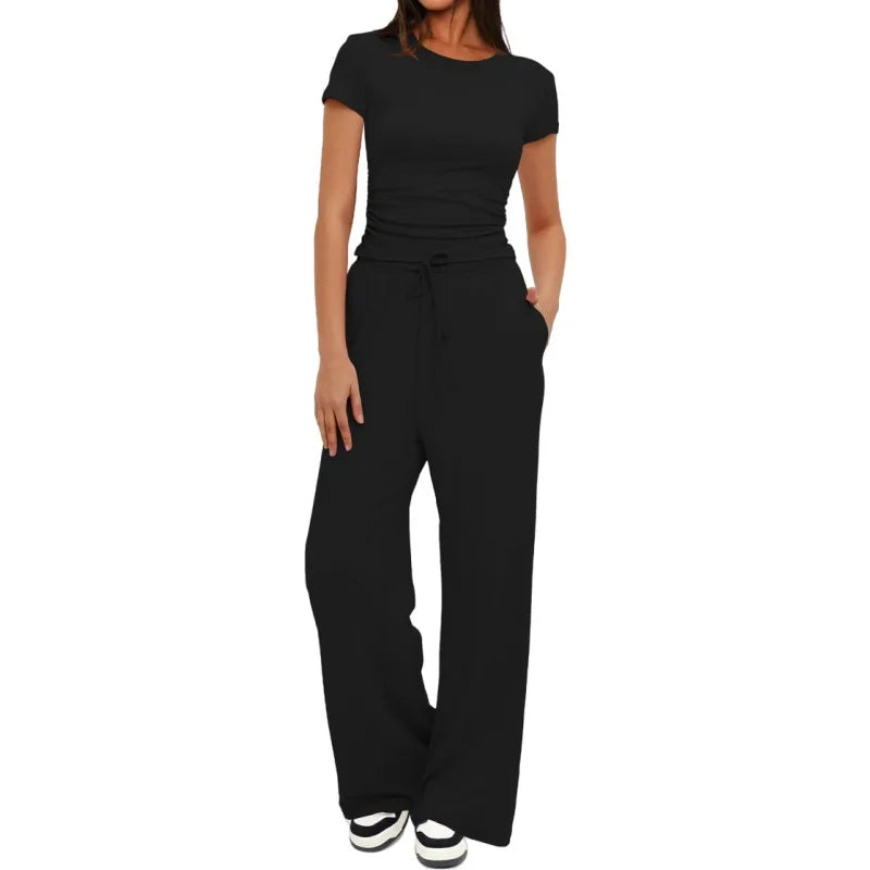 Women's Summer Solid Loose Casual Tracksuit Two Piece Set O Neck Short Sleeve T Shirt Wide Leg Pants Sportswear