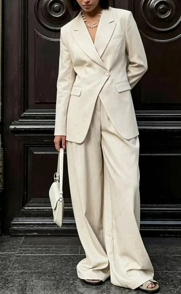 Women Beige Linen Lapel Blazer Wide Leg Pants Suit Notched Collar Straight Cuff Outfit 2026 Office Commute Elegant Street Sets