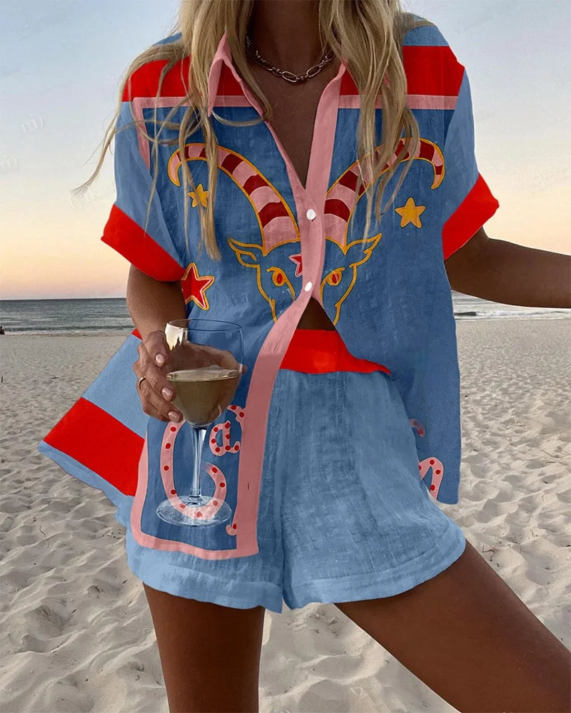 Summer Fashion Colorful Printed Blouse Shorts Two Pieces Sets Women Lapel Short Sleeve Button Shirt Suit Beach Holiday Outfits