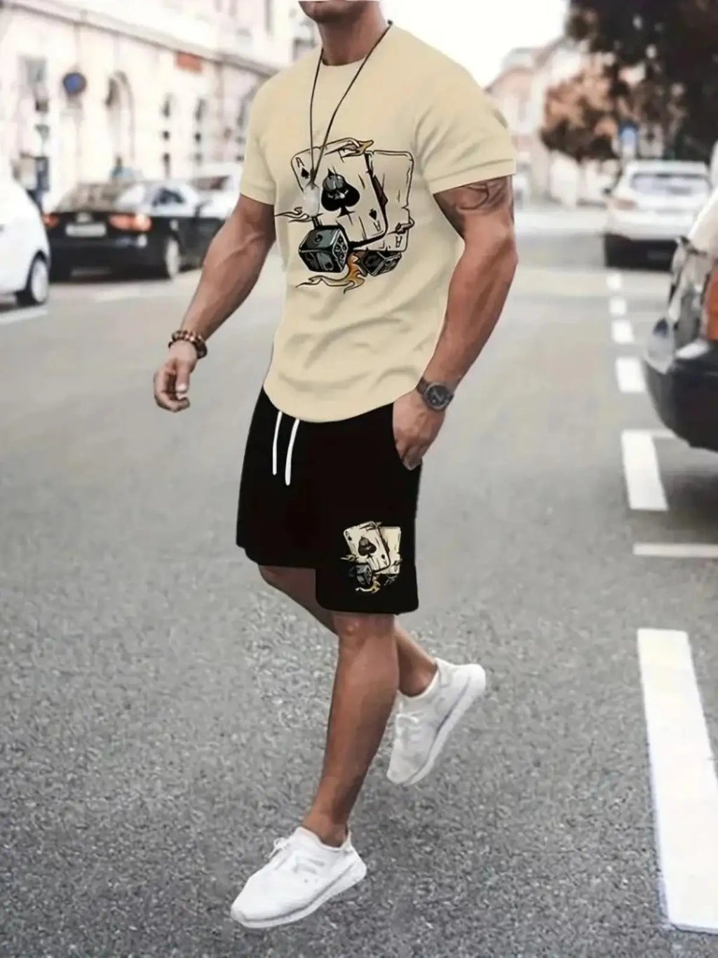 New Men's Summer Street Trendy Letter Printed Comfortable Breathable Round Neck T-shirt Shorts Set Outdoor High Street Clothing