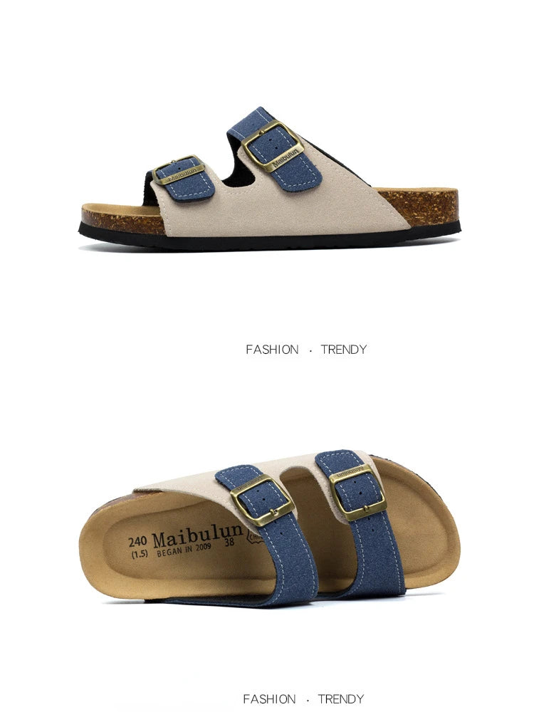 Nubuck Women Cork Slippers Summer Mule Clogs Flats Sandals Slides Casual Beach Couple Double Buckle Soft Shoes Footwear Big Size