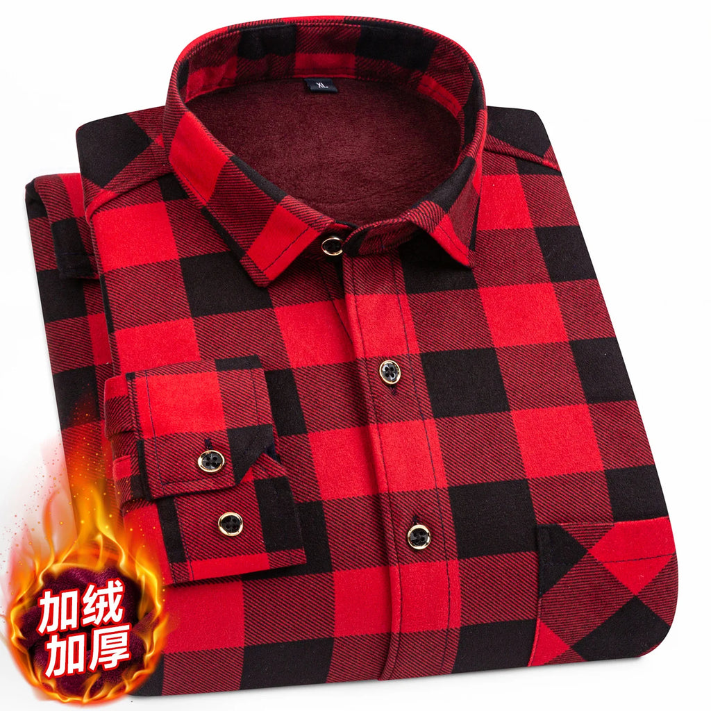 Men's Long Sleeved Shirt With Fleece Lined Winter Thickened Flannel Casual Plaid Stripe Daily Slim Man Clothes Plus Size 8XL 7XL