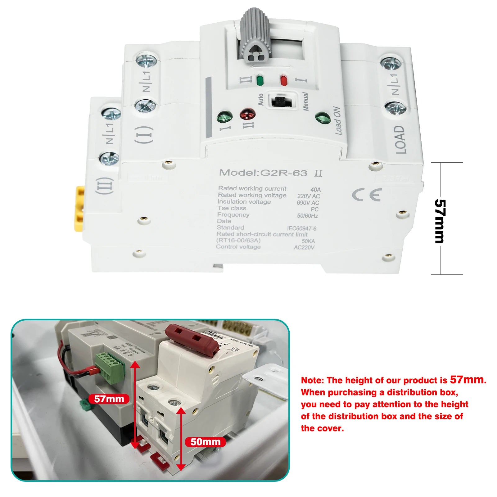 DEWIN G2R Din Rail 2P 63A ATS Dual Power Automatic Transfer Switch Electrical Selector Switches 220V Electrical Selector Switch