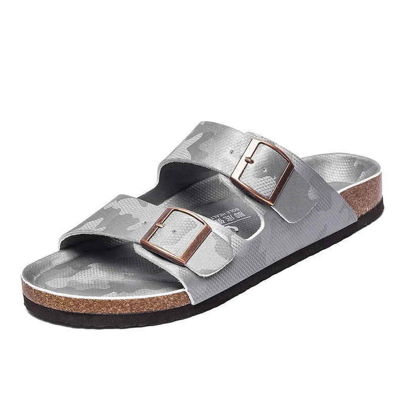 Summer Men Women Cork Slippers Clogs Microfiber Leather Slides Casual Slip On Sandal Double Buckle