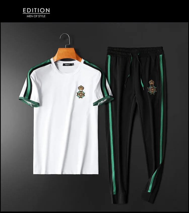 High end luxury exquisite badge embroidered short sleeve suit men's summer top fashion European casual sweatpants two piece set