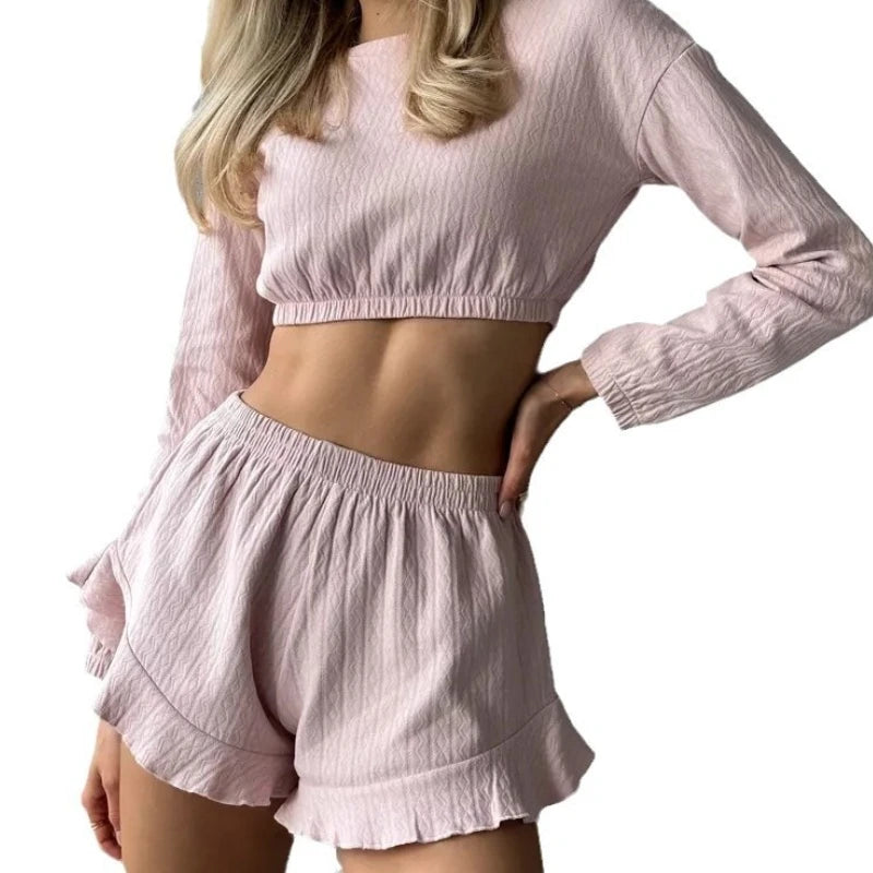 2026 Summer New Jacquard Waist Shorts Solid Color Top and Shorts Two Piece Set for Women