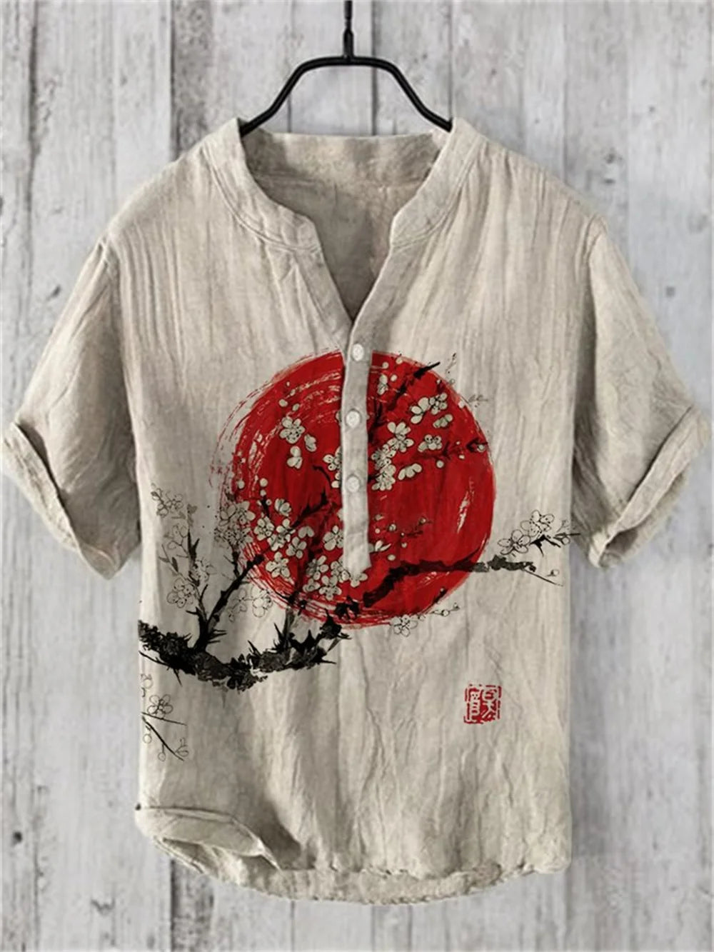 2024 New Men's Shirt Japanese Vintage Art Print Linen Short Sleeved Shirt Hawaiian Style Button Henry Neck Shirt