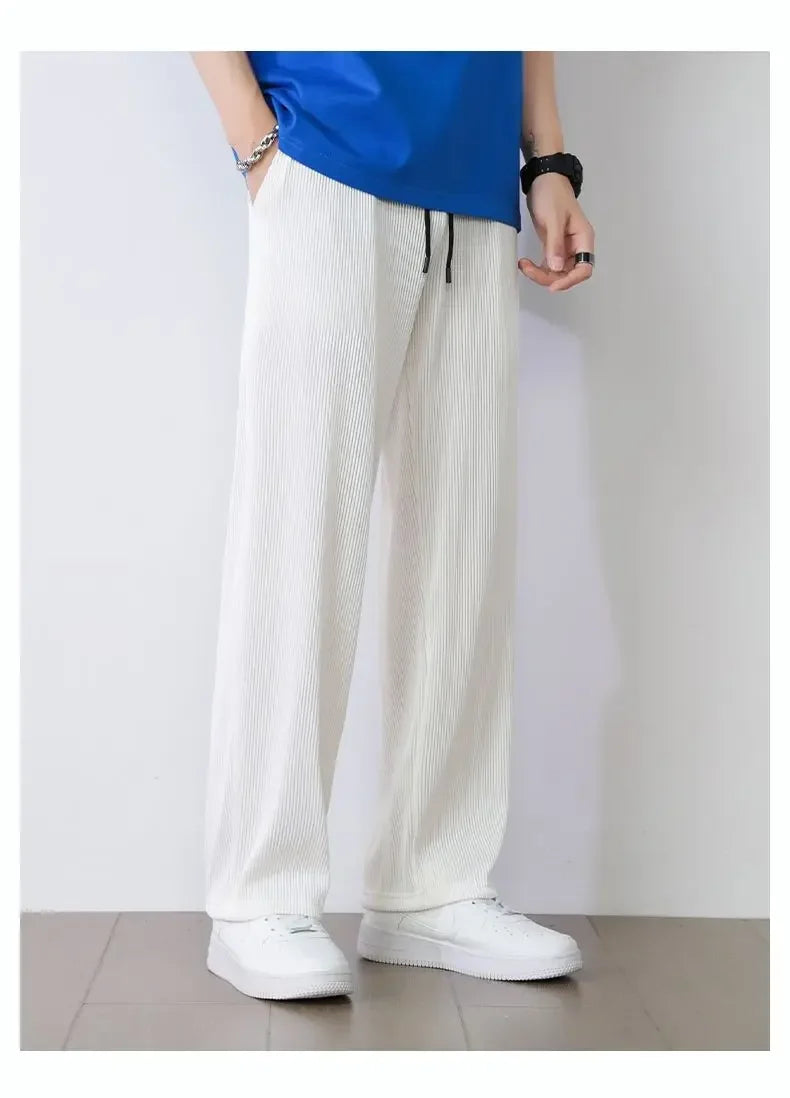 Summer White Casual Pants Men's Ice Silk Pants Men's Drape Floor Mop Pants  Korean Straight Loose Wide Leg Long Pants